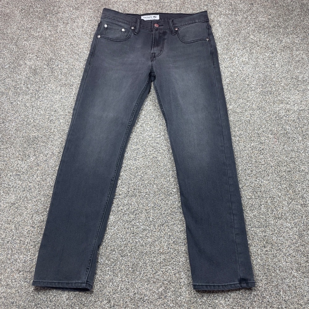 Lacoste Mens Jeans Size 30 Faded Black Denim Slim Straight Pants Crocodile Logo